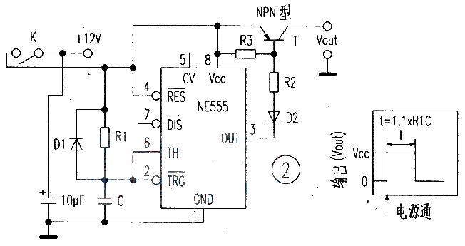 Power supply delayed turn-on circuit NE555