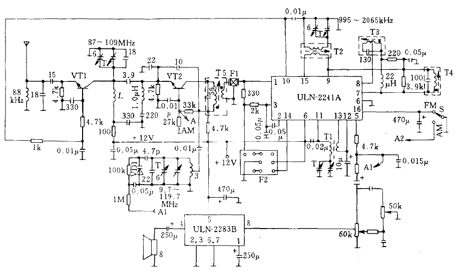 AM/FM radio circuit using ULN-2241A and ULN-2283B