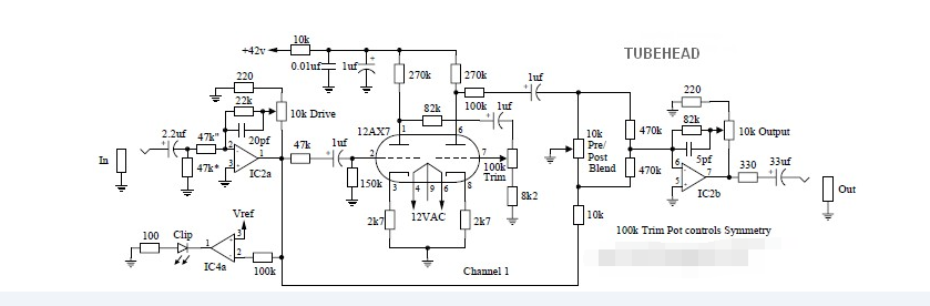 Tube head vacuum tube preamplifier circuit