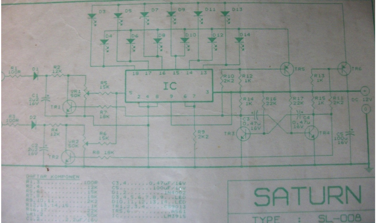 Six LED stereoscopic VU display circuit constructed using dot/bar display driver IC LM3915