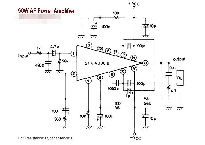 50W AF power amplifier circuit powered by single-chip ICSTK4036II