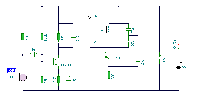 Simple and low-cost FM transmitter powered by two transistors