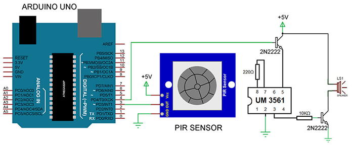 Security alarm circuit diagram based on PIR sensor