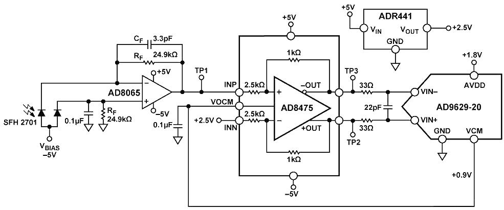 High-speed photodiode signal conditioning electronic circuit diagram