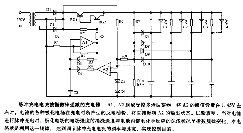 A charger in which the pulse charging current decreases exponentially