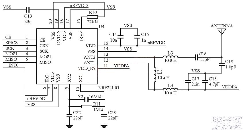 Schematic diagram of radio frequency transceiver circuit based on nRF24L01