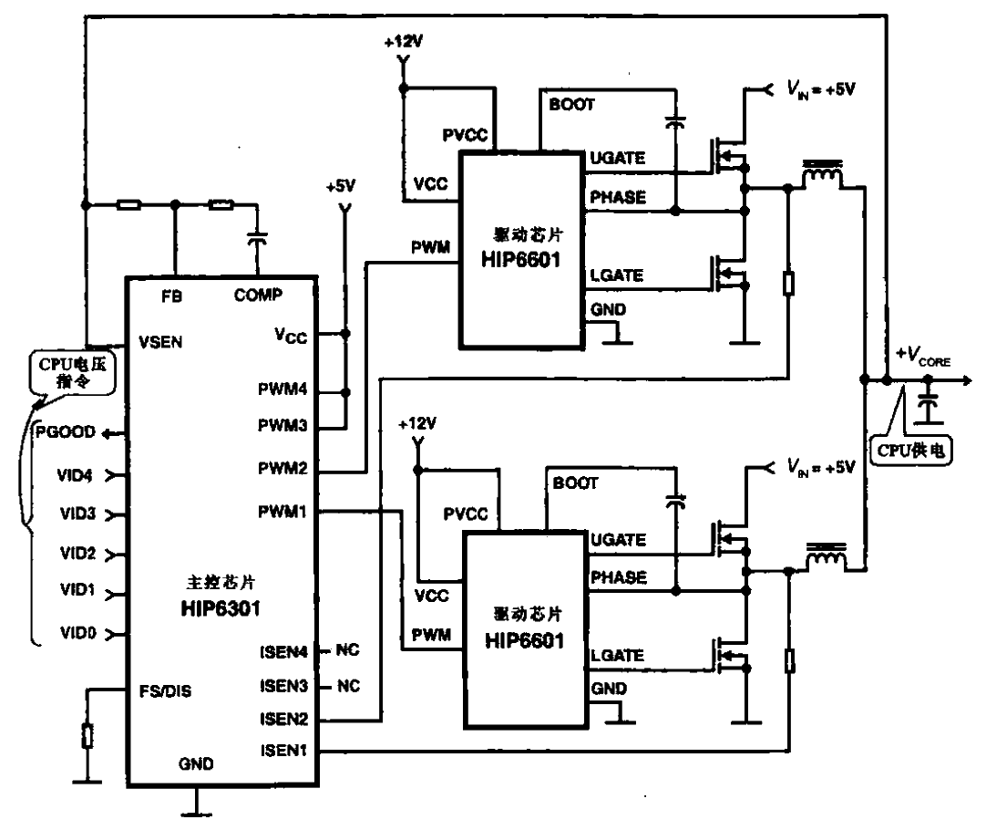 2-phase CPU power circuit using HIP6301 and HIP6601 chips