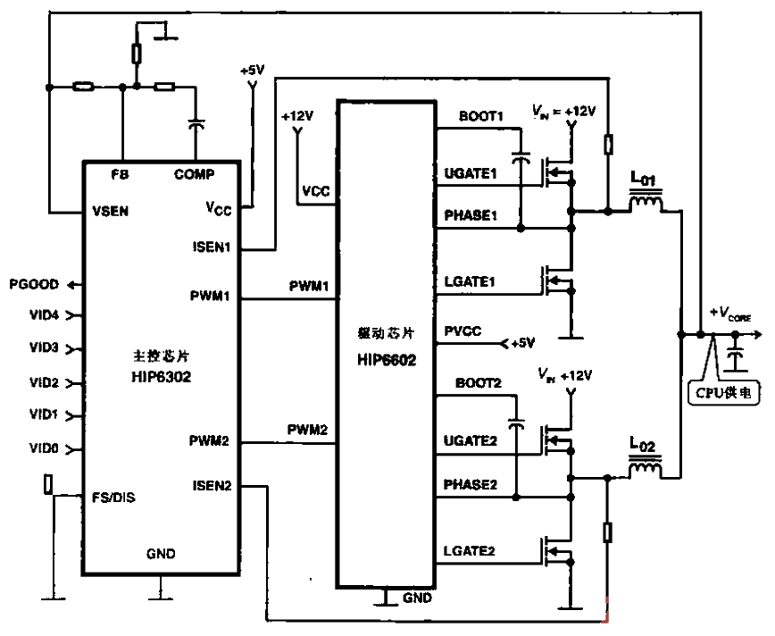 2-phase CPU power supply circuit using HIP6302 and HIP6602 chips