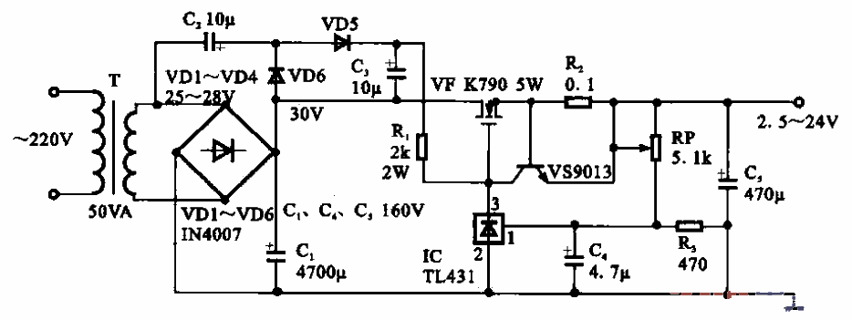 27. Adjustable DC<strong>Stabilized power supply circuit</strong>.gif