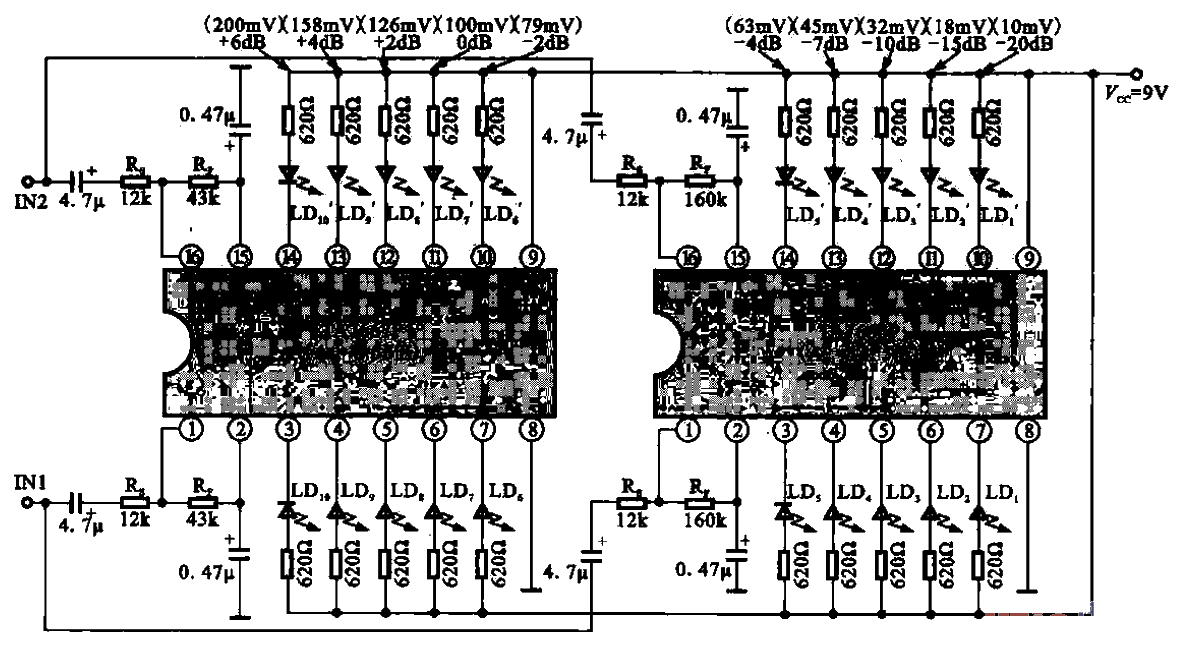 14. 10<strong>LED</strong><strong>Level</strong>meter circuit using dual driver<strong>Integrated Circuit</strong>.gif