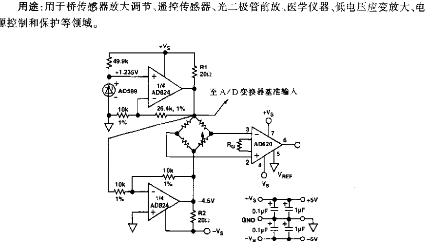 <strong>Sensor</strong>Bridge and AD824 type<strong>Positive and negative power supplies</strong>Limited output<strong>FET</strong>Input<strong>Operation amplifier circuit</strong>.gif