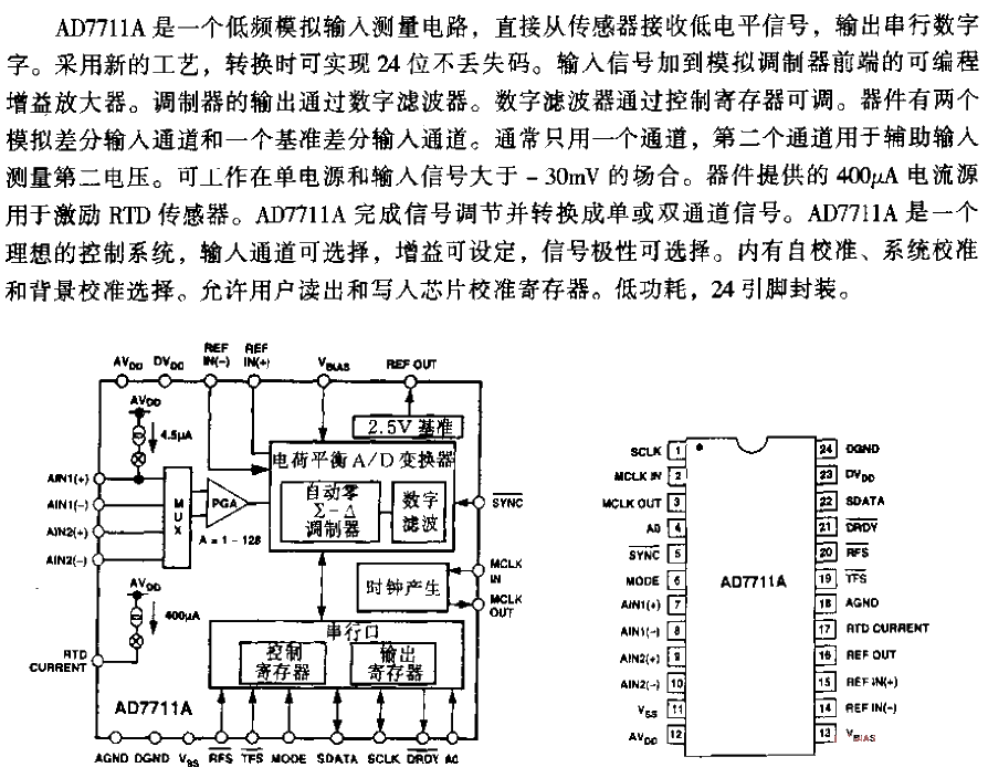 AD7711 LC²MOS signal conditioning ADC circuit with RTD current source