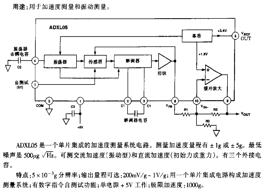 Type ADXL05 monolithic acceleration sensor circuit with signal conditioning ±1g to ±5g