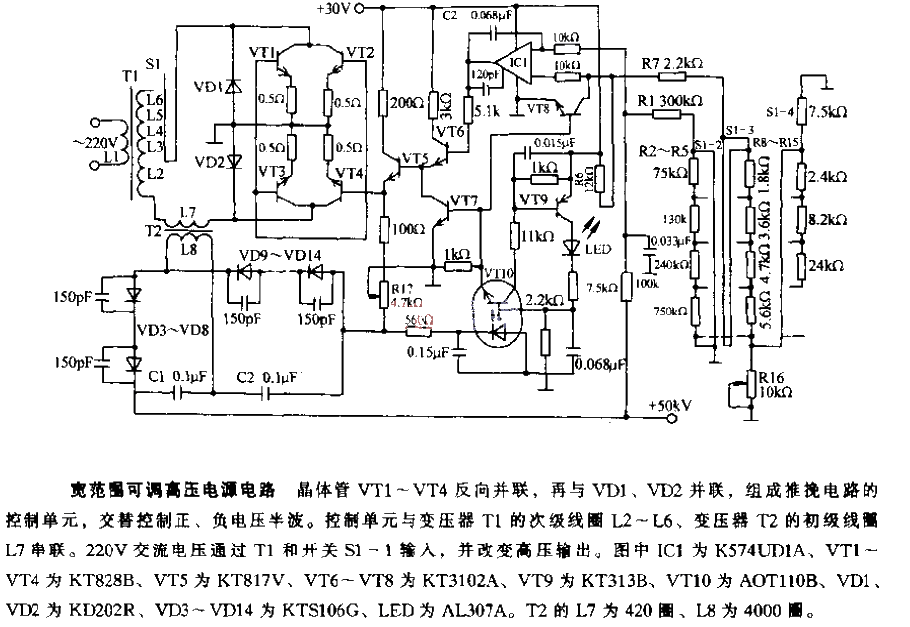 Wide range adjustable high voltage power supply circuit