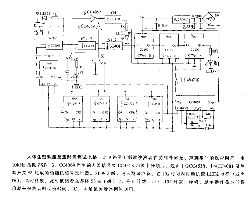 Human physiological stimulus response time test circuit