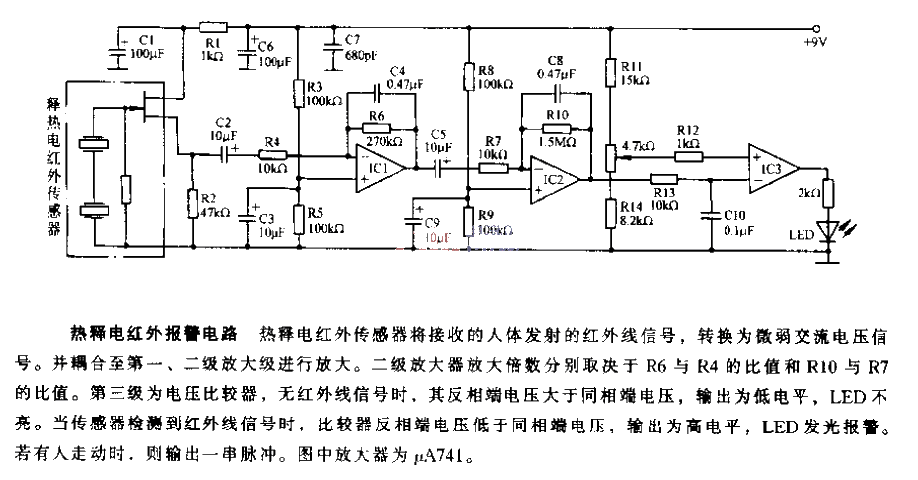 Pyroelectric infrared alarm circuit