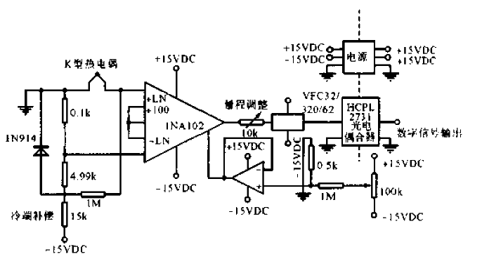 Thermocouple amplifier circuit with cold junction compensation