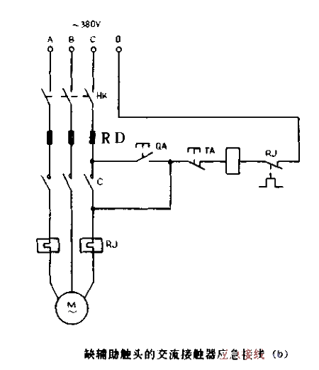 Emergency wiring of AC contactor lacking auxiliary contacts B