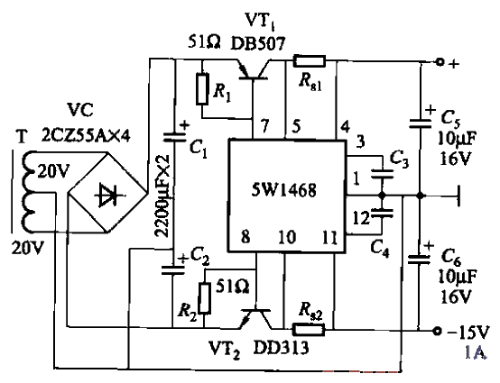 67. Bipolar<strong>Stabilized power supply circuit</strong>part 2 using SW1468 voltage stabilizing block.gif