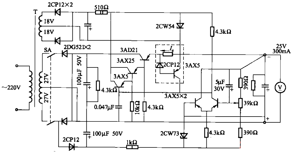 The third voltage stabilizing circuit with auxiliary power supply and overcurrent protection