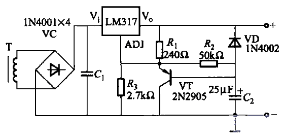 61. Delayed turn-on<strong><strong>regulated power supply</strong><strong>circuit</strong></strong> composed of<strong>LM317</strong>.gif