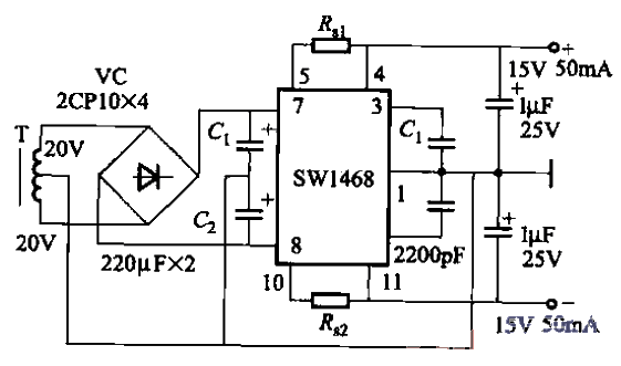 66. One of the bipolar<strong>stabilized power supply circuits</strong> using SW1468 voltage stabilizing block.gif