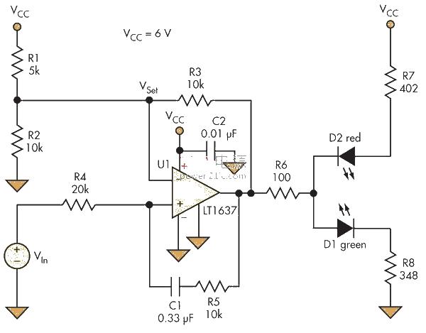 Use an op amp connected to an LED to visually display voltage fluctuations