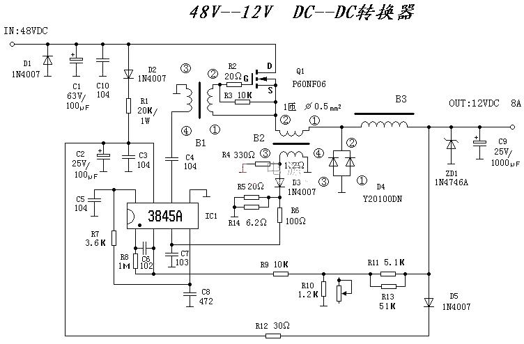 48V-12V DC/DC converter circuit principle