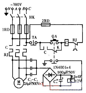 Energy-saving three-phase asynchronous motor phase failure protection circuit