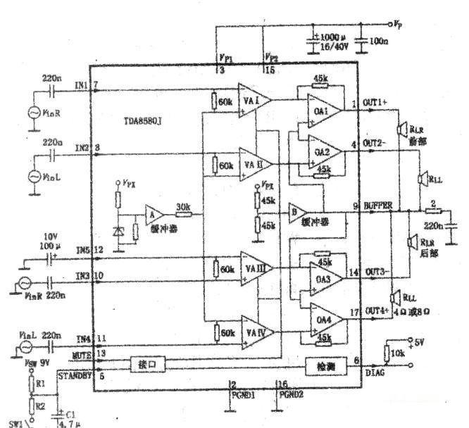 4-channel single-ended output amplifier circuit composed of TDA8580J