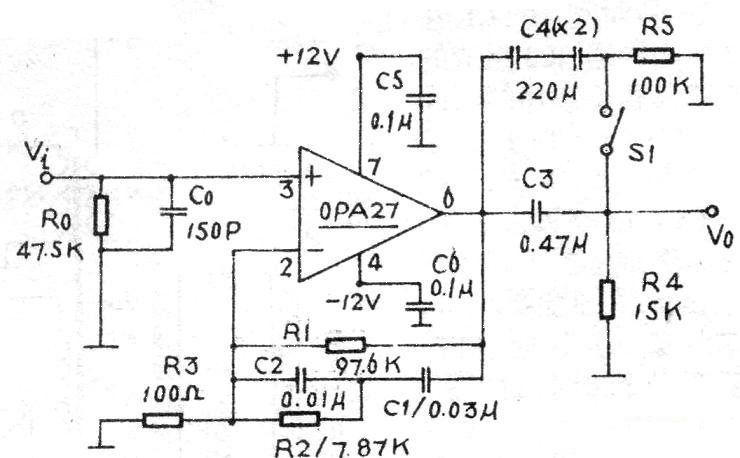 RIAA phono equalizer amplifier circuit composed of OPA27