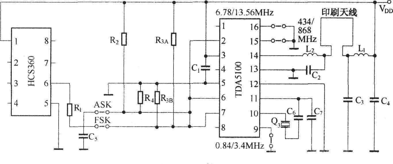 Rolling code radio transmitter circuit (HSC360/TDA5100)