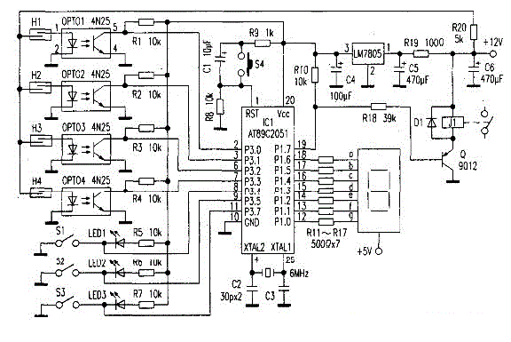 Using 89C2051 to make a four-way digital display water level controller circuit