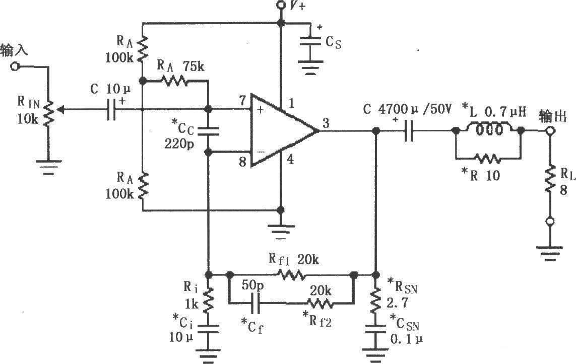 Single power supply audio power amplifier circuit composed of LM3875