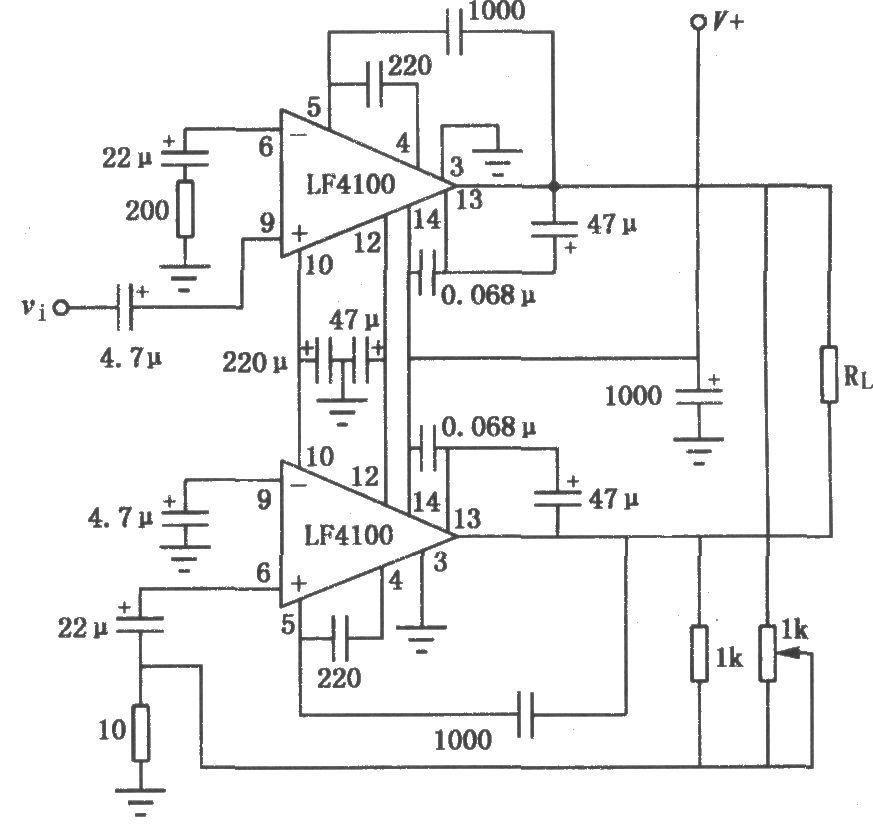 BTL power amplifier circuit composed of LF4100