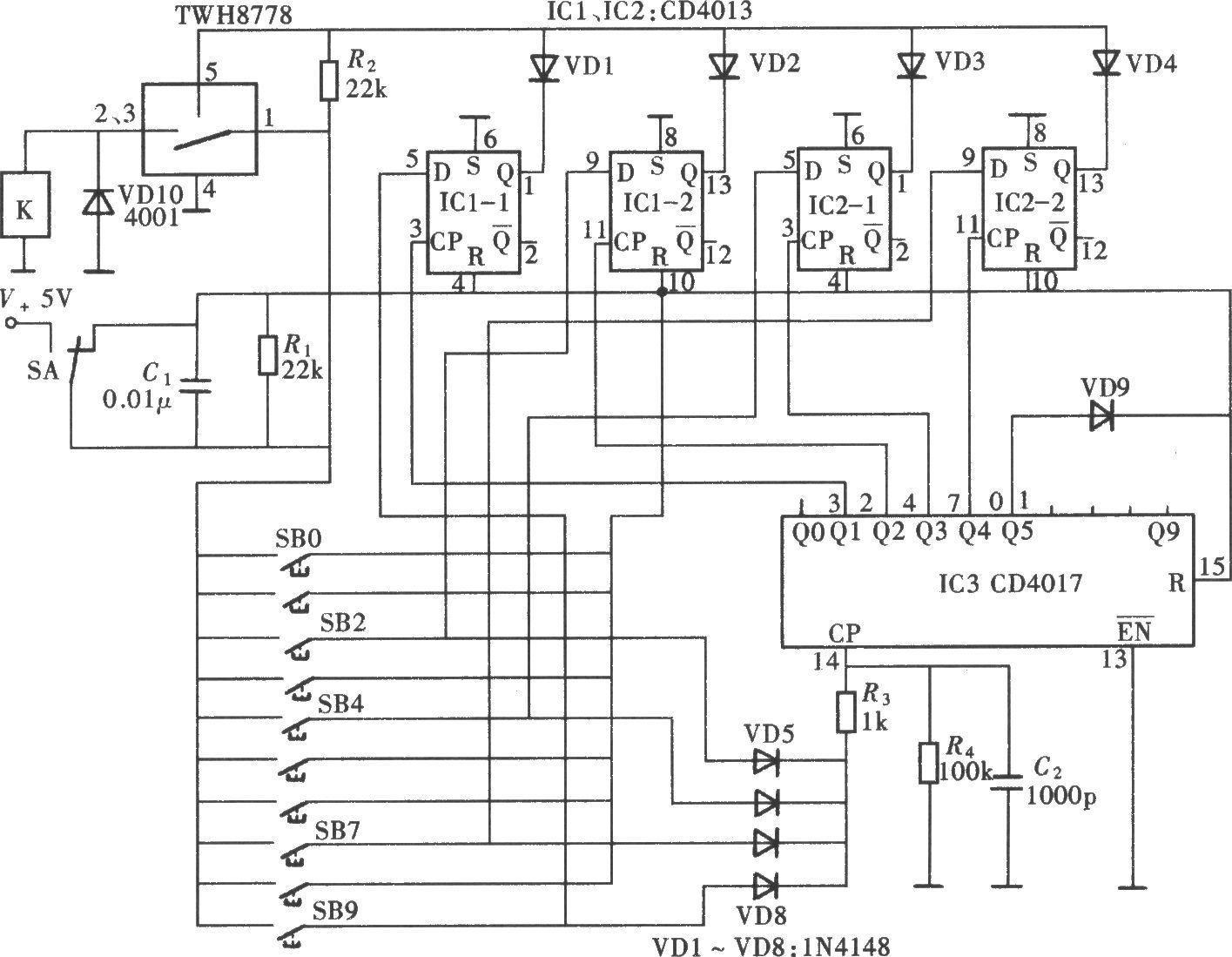 Ten-digit password switch circuit composed of CD4013 and CD4017