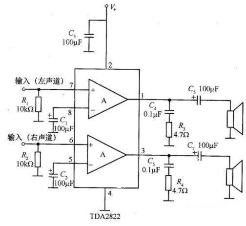 Dual-channel low-power amplifier circuit composed of TDA2822