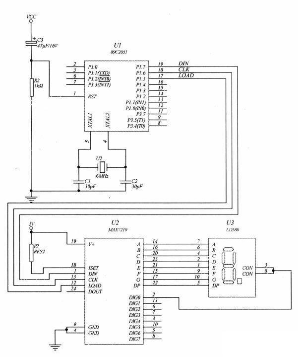 Interface circuit between 51 single chip microcomputer and MAX7219