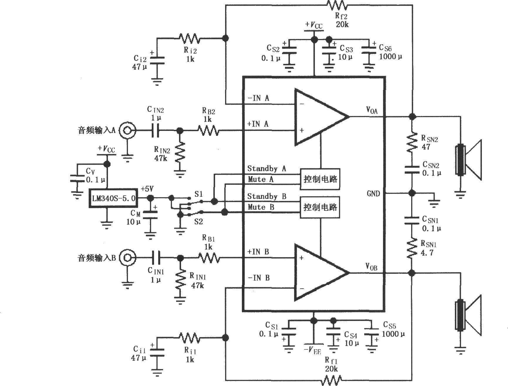 Dual power supply audio power amplifier circuit composed of LM4730/LM4731