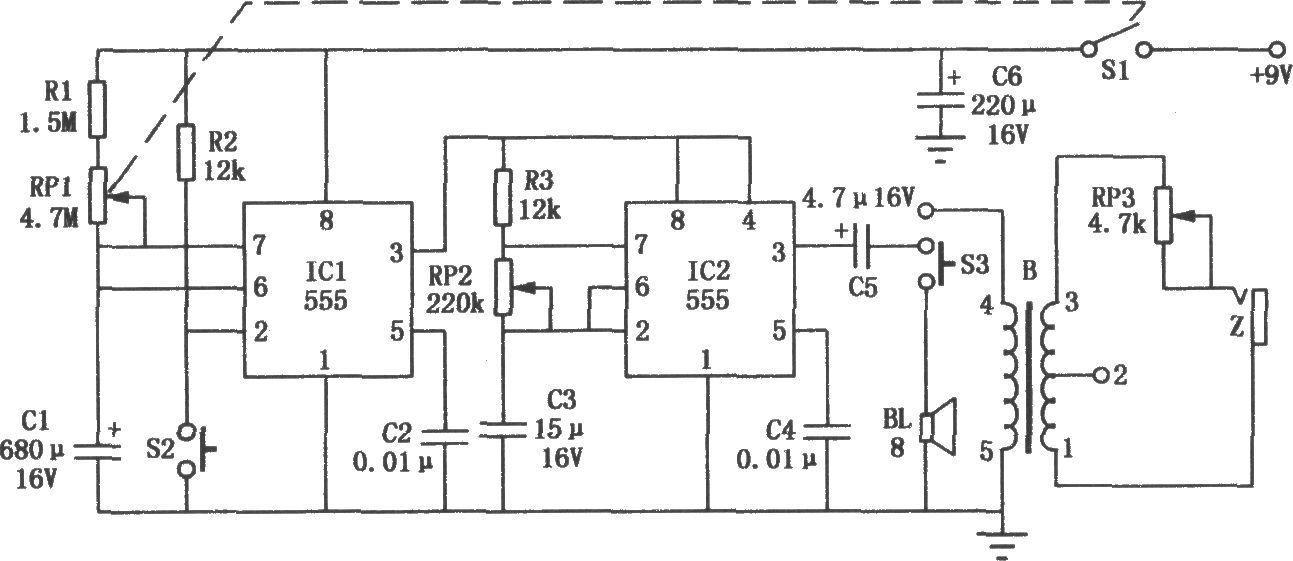 Circuit diagram of pocket electronic timer hypnotic massager composed of NE555