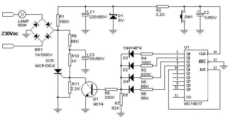 Four-speed touch dimming circuit designed with MC14017