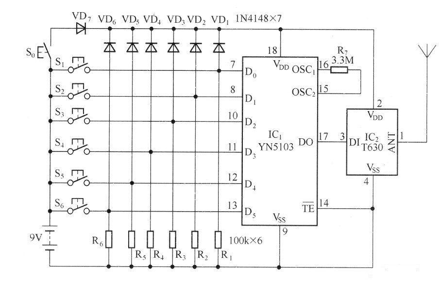 The buzzer coding and radio transmission circuit composed of YN5103