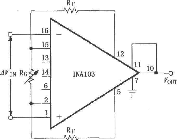 An amplifier using INA103 to set gain with external resistors