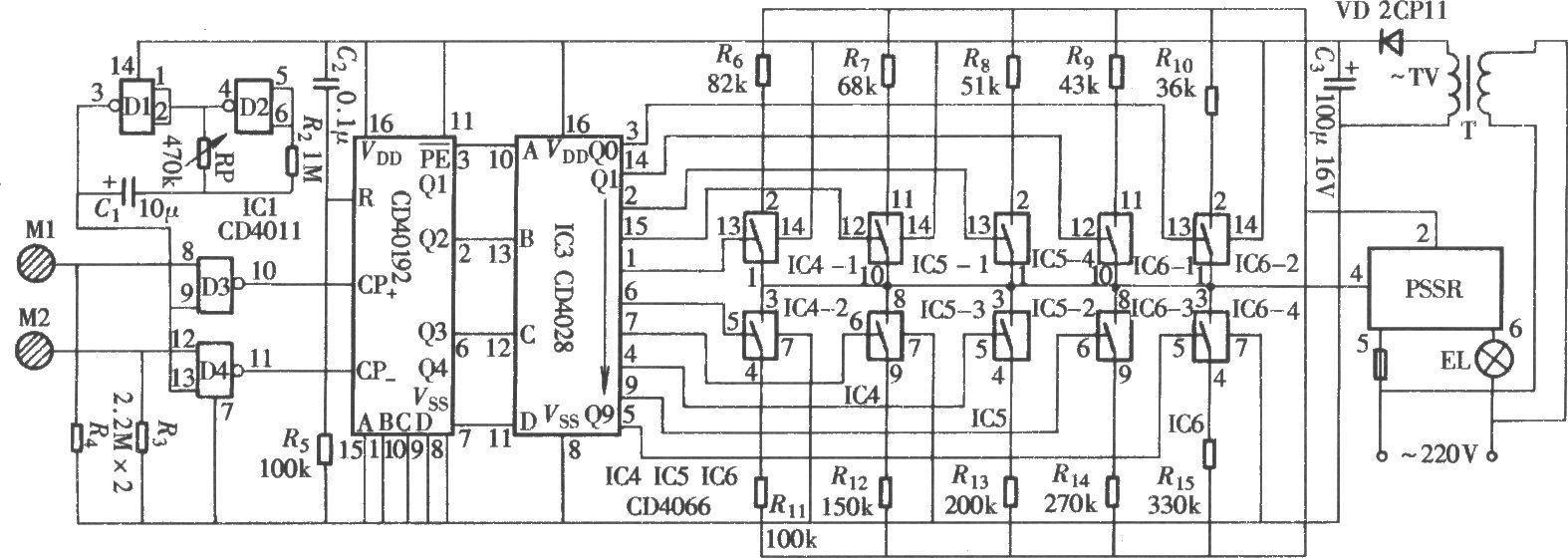 Touch-type electronic dimmer circuit composed of CD4028