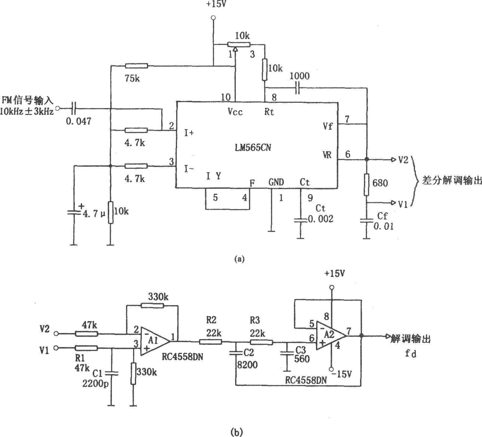 PLL FM demodulator (LM565CN, RC4558DN)