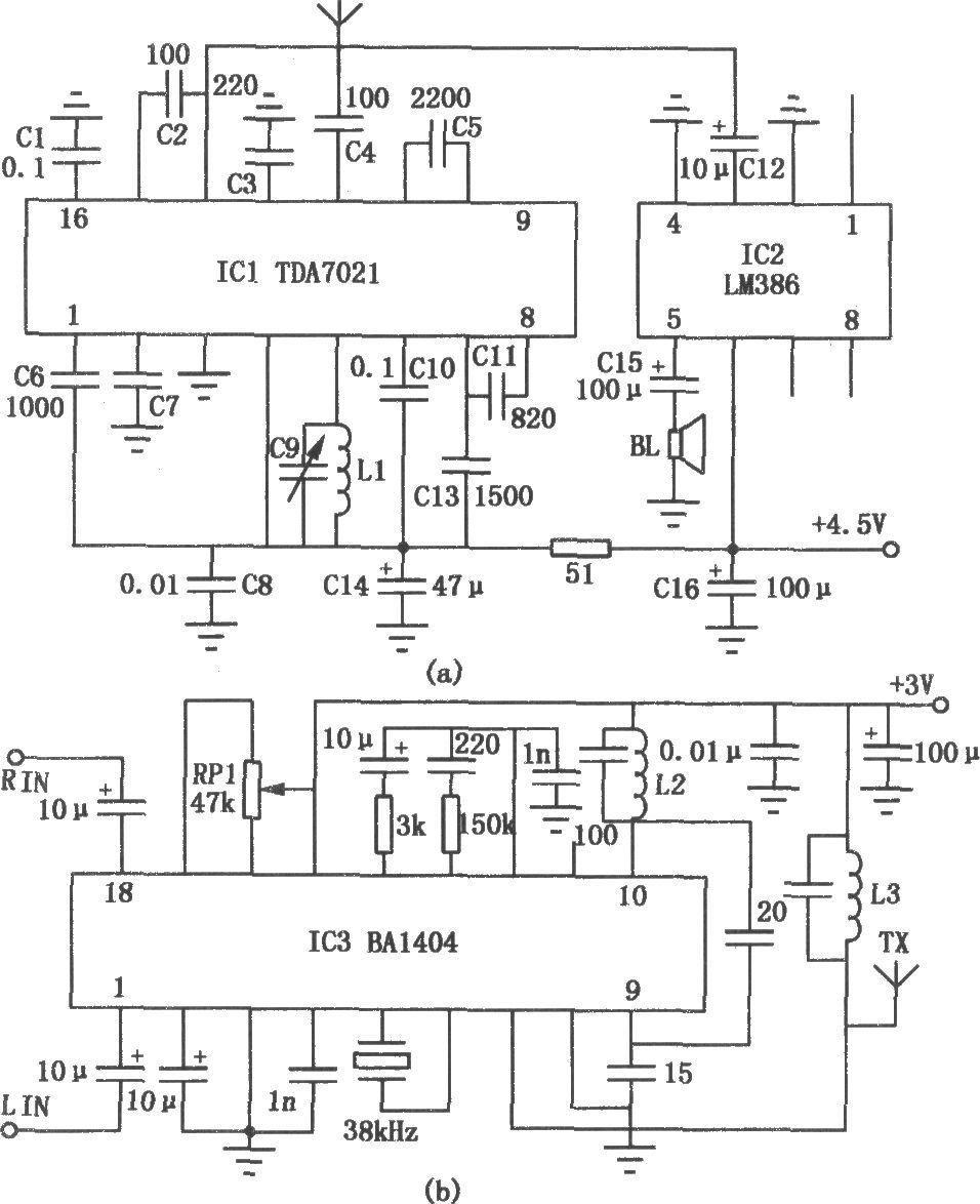 Debug-free FM transceiver circuit composed of BA1404 TDA7021