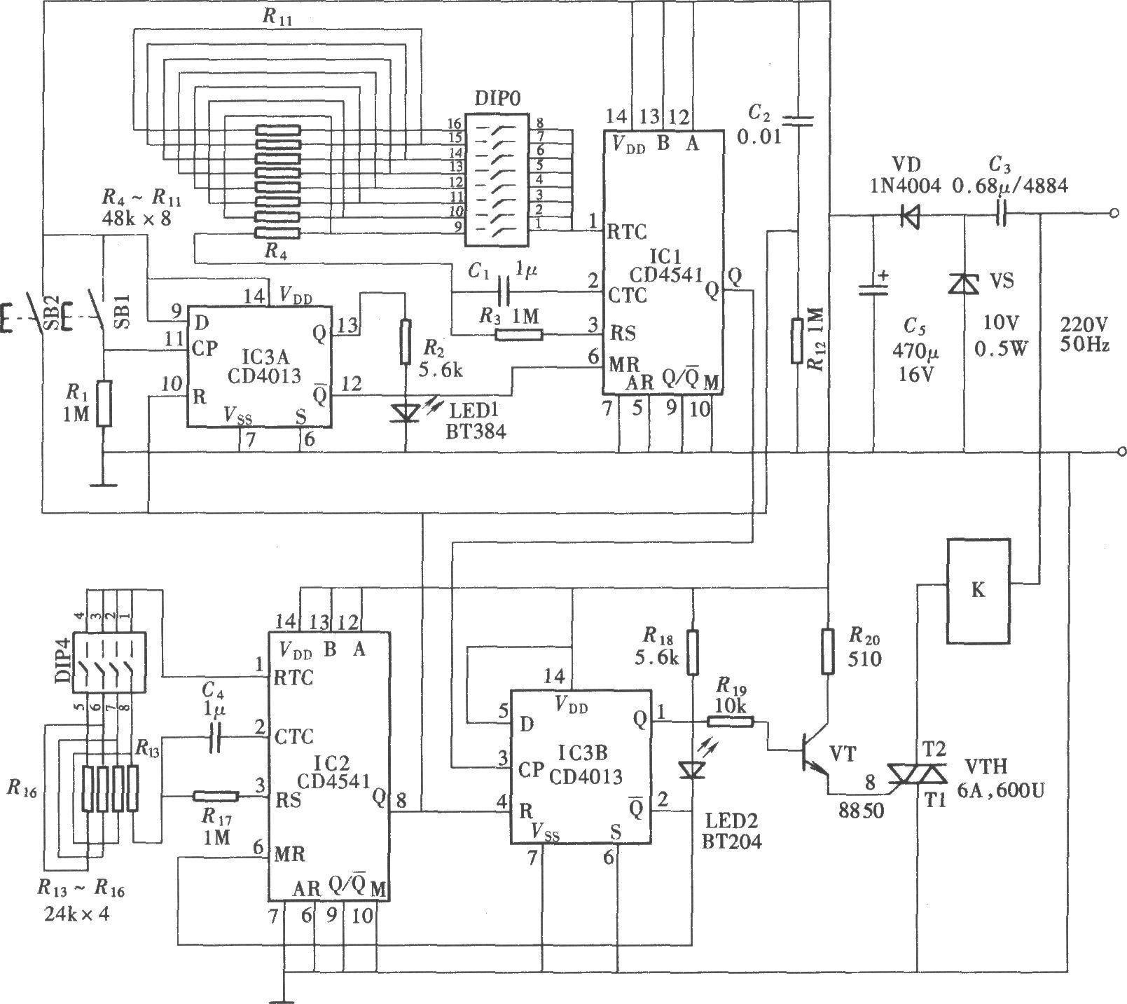 A timer with on/off selection function composed of CD4541