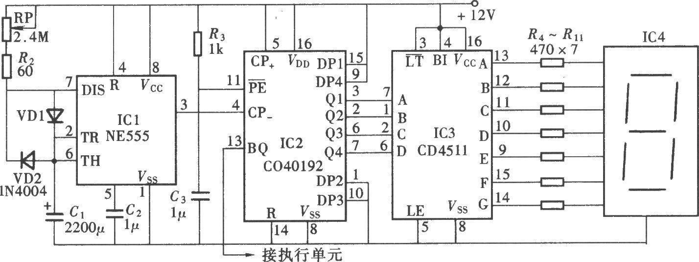 One-digit display timer (NE555, CD4511, CD40192)