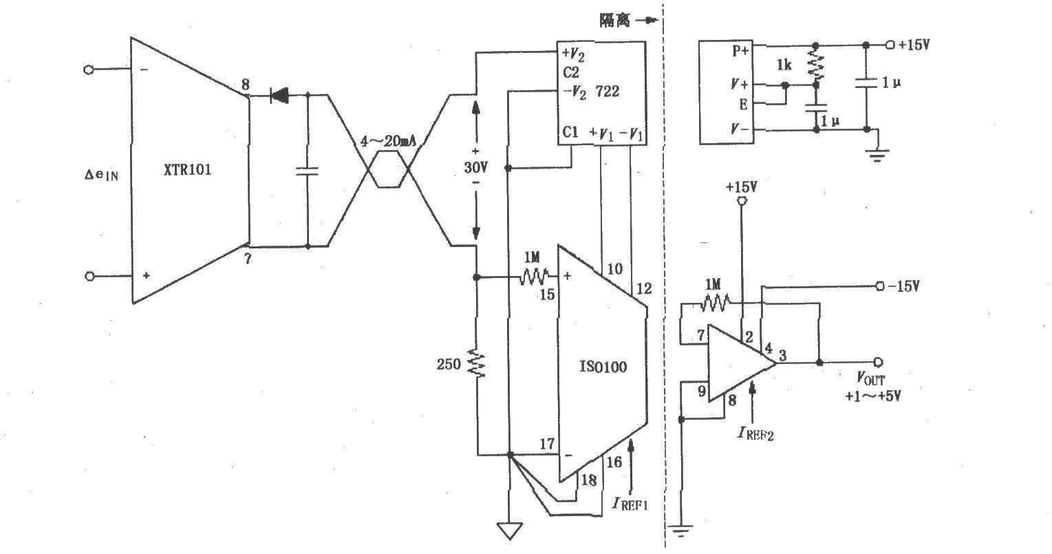 Isolated two-wire current loop circuit (XTR101, ISO100)