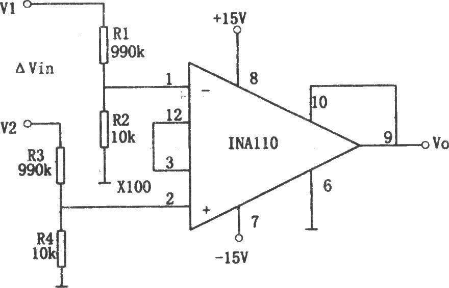 A differential amplifier with a common mode voltage up to ±1000V composed of INA110